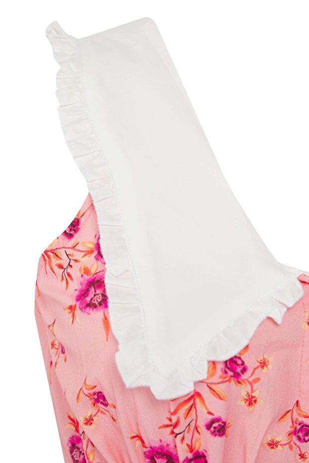 Pembe Çiçekli Poplin %100 Pamuk Bebe Yaka Midi Dokuma Büyük Beden Elbise TBBSS25AH00158 - 6