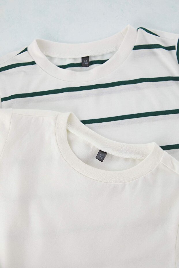 Mint-Ekru 2'li Erkek Çocuk Basic-Çizgili Regular Kalıp Kısa Kol Örme T-Shirt TKDSS25TS00025 - 3