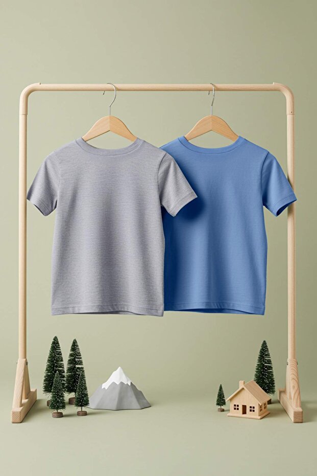 Indigo-Gri 2'li Erkek Çocuk%100 Pamuk Slogan Baskılı Kısa Kol Örme T-Shirt TKDSS25TS00016 - 3