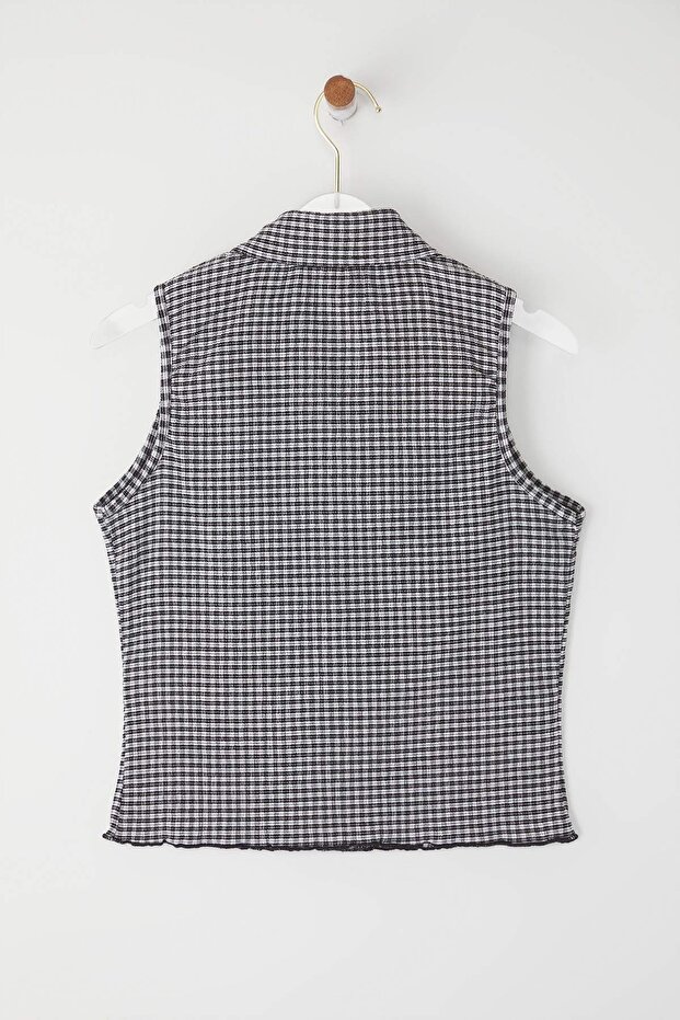 Siyah Pöti Kare Polo Yaka Fitted Esnek Örme Bluz TWOSS25BZ00566 - 9