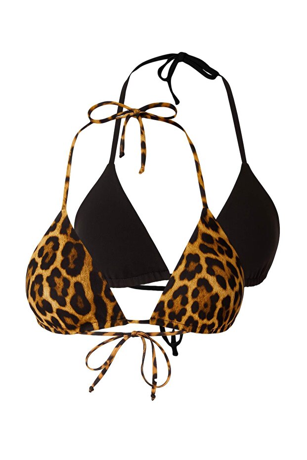 Leopar Ve Siyah 2'li Üçgen Kaplı Bikini Üstü TBESS25BU00074 - 7