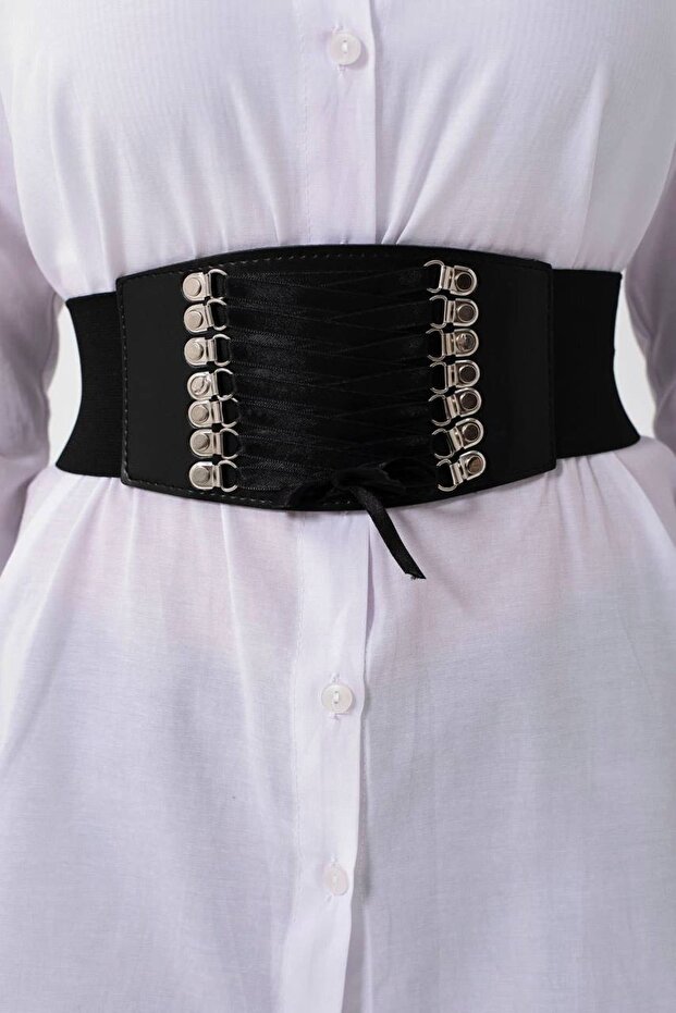 Women's Black Elastic Corset Belt with Silver Accessories, Dress Belt, Shirt and Jacket Belt