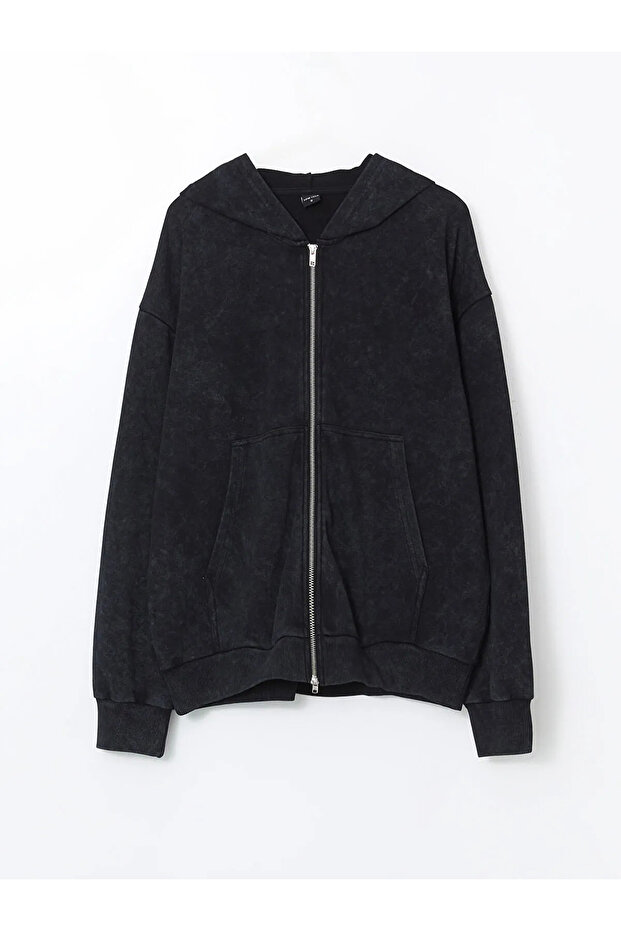Black Hooded Young Men's Zippered Sweatshirt