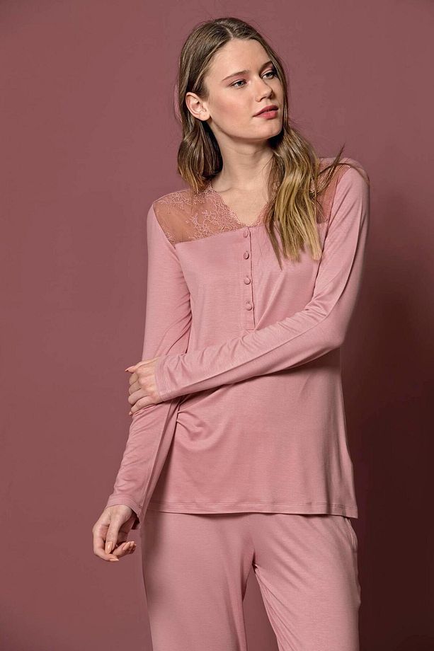 Yakası Ve Omzu Dantelli Önü Düğmeli Pijama Takımı - 2