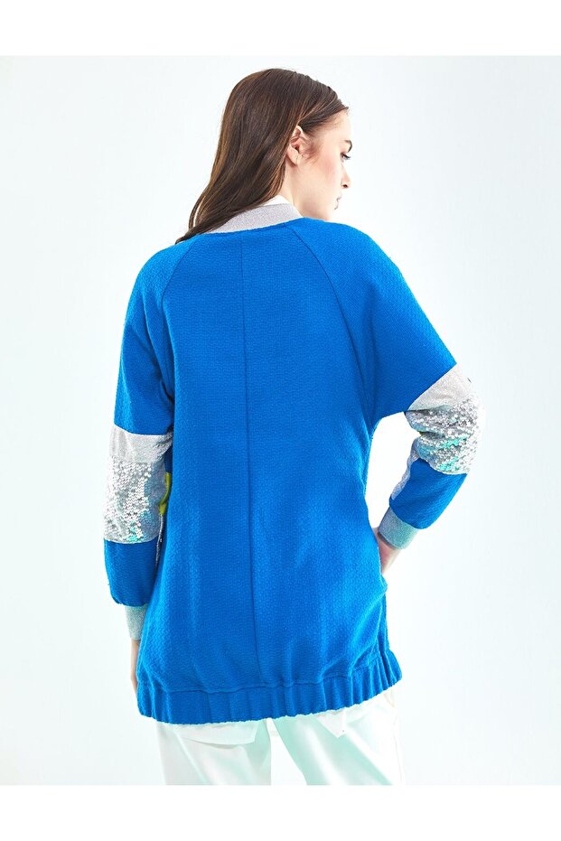 سترة تويد بسحاب للإغلاق باللون الأزرق - 7