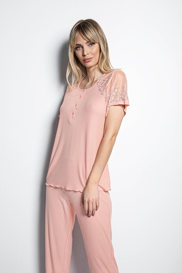 Önü Düğmeli Brode Dantelli Pijama Takımı - 2