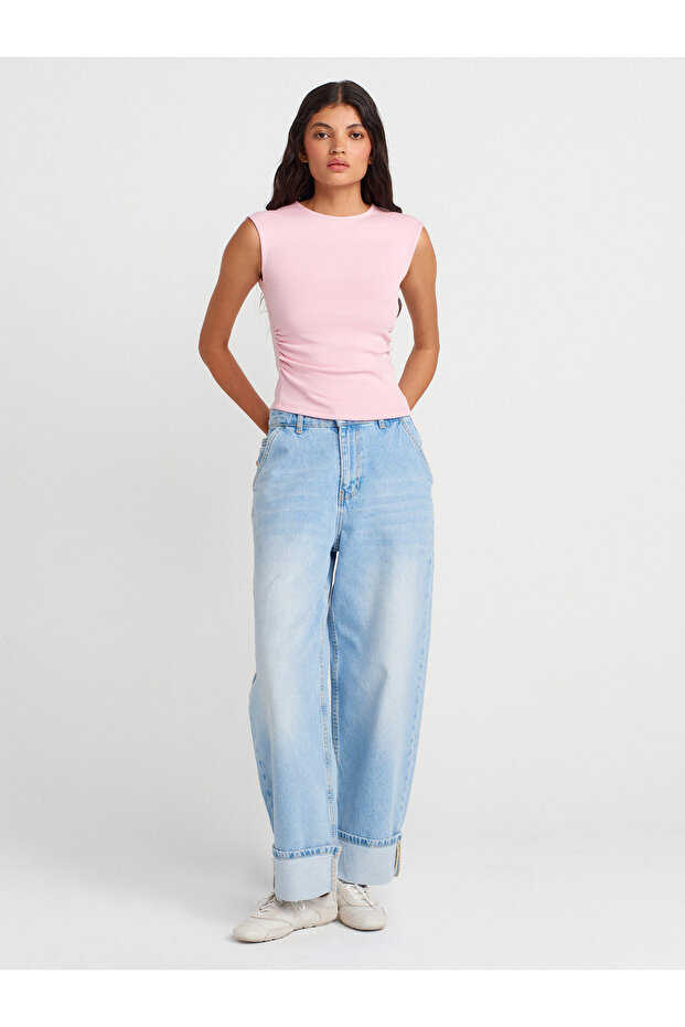 21054 Μπλουζάκι Basic Gathered-Ροζ σκόνης - 4