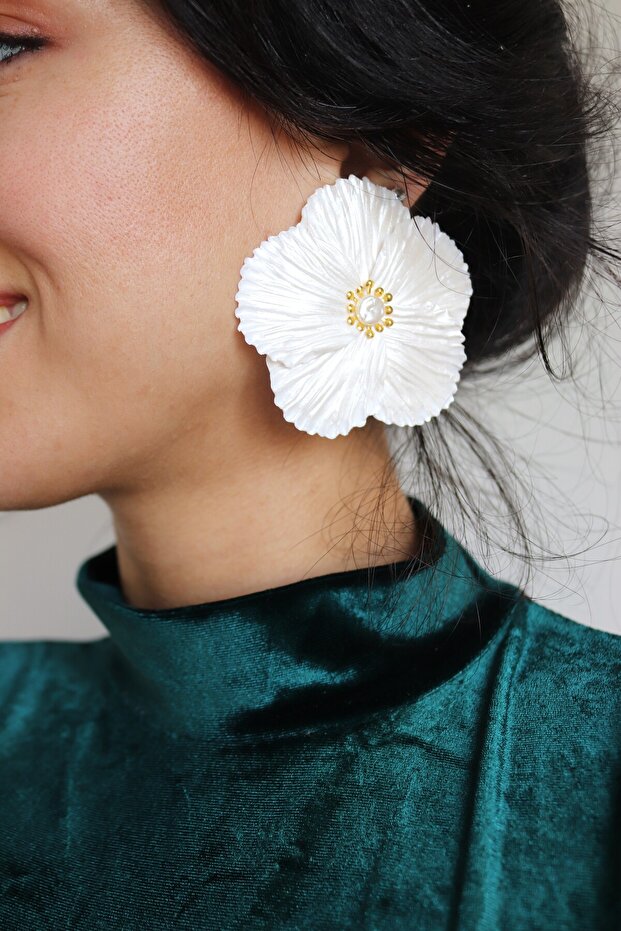 Polymer Clay Special Design White Pearlescent Earrings, Large Flower Earrings, Bridal Accessory