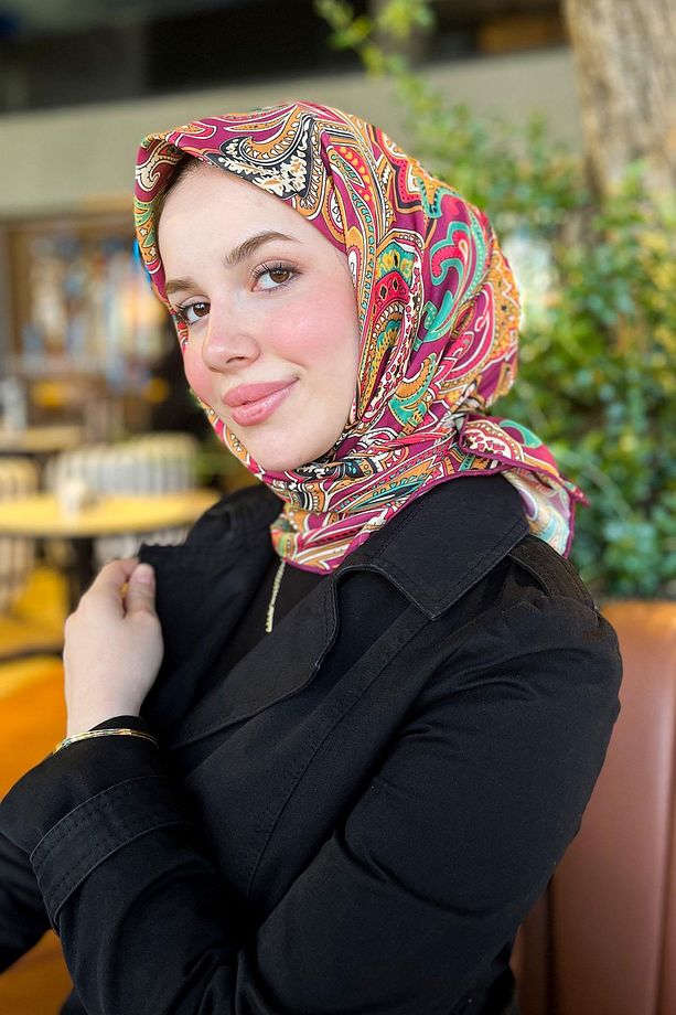 Sultan Soft Pamuk Eşarp - Retro Desen - SSE0238-21 - Yeşil, Bordo, Turuncu - 3