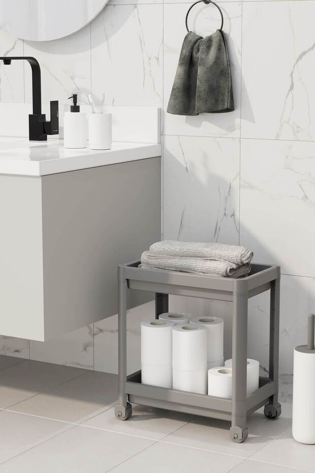 2 szintes kerekes rendszerező mosószer tartó konyha, fürdőszoba polc, szekrény, munkalap, mosogató alatti szürke - 7