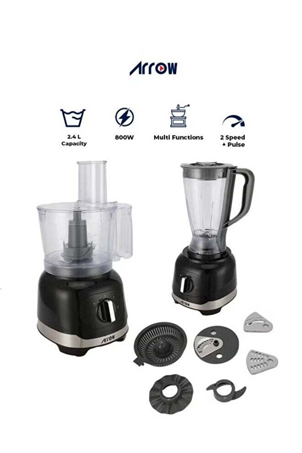 8-in-1 Food Processor - 2.4L, 800W - Blender, Meat Grinder, Grater, Slicer, Dough Maker - Black - 1