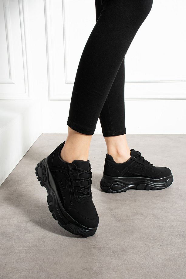 Siyah Süet Günlük Kadın Spor Ayakkabı Bağcıklı Kalın Hafif Yüksek Taban Sneaker - 7