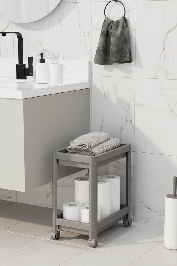 2 szintes kerekes rendszerező mosószer tartó konyha, fürdőszoba polc, szekrény, munkalap, mosogató alatti szürke - 3