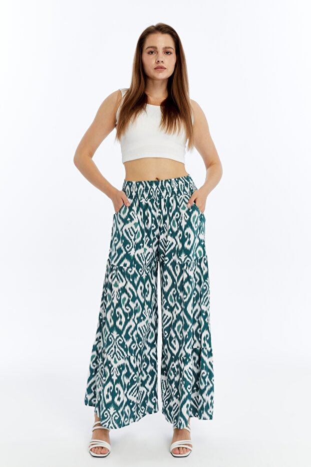 Women's Petroleum Green Patterned Gathered Lycra Woven Trouser Skirt