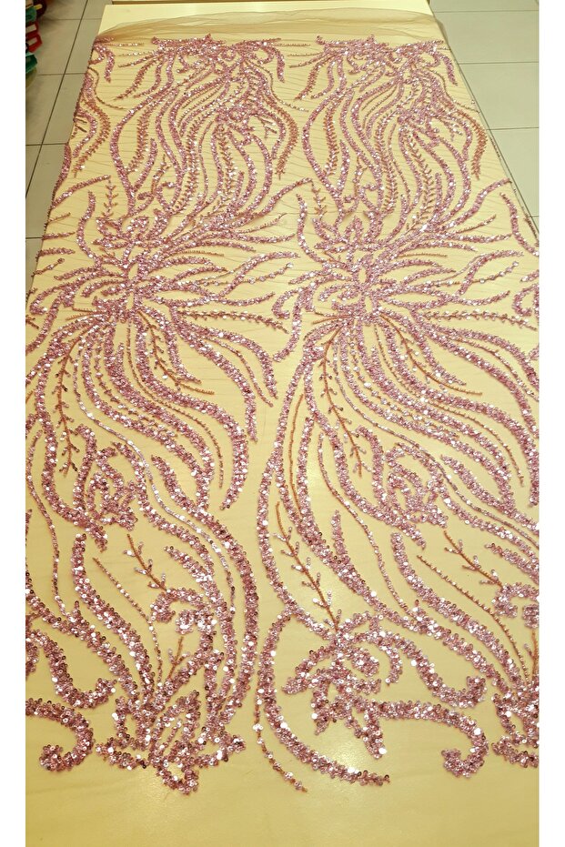 Gül Kurusu Pembe Taş ve Pul İşlemeli Abiyelik Dantel 2.5 Metre ( Astar Dahil) - 2