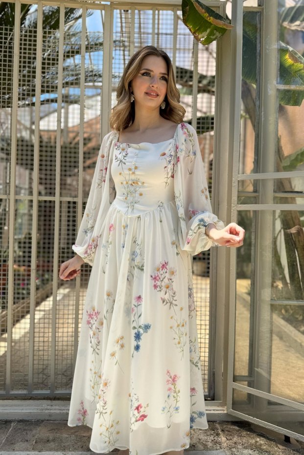 Yulia Floral and Corset Detail Chiffon Cream Dress