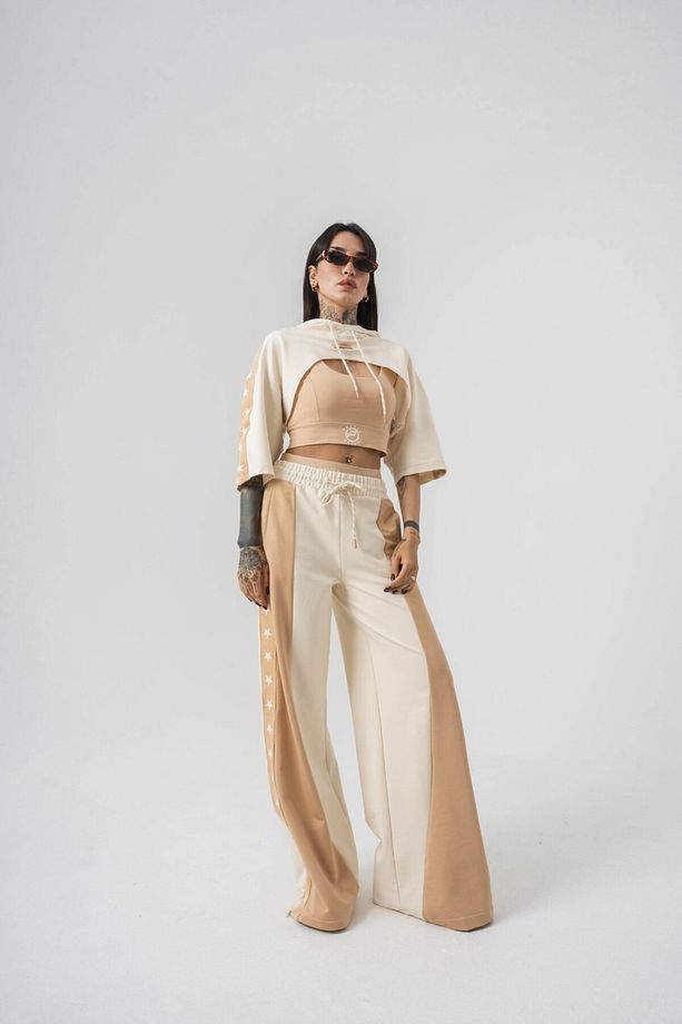 Star Flow Crop + Kapüşonlu T-shirt + Eşofman Alt 3'lü Set Takım - 1