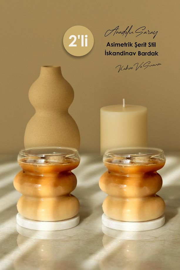 2 ADET Isıya Dayanıklı Borosilikat Asimetrik Şerit Stil İskandinav Bardak | Kahve Kokteyl Bardağı - 1