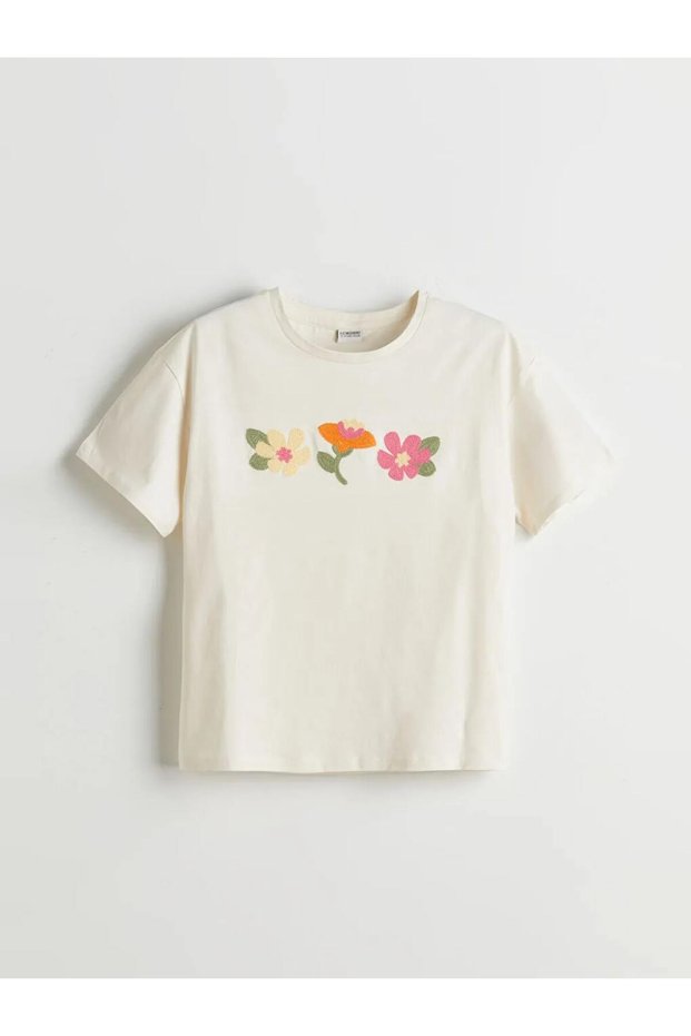 Lcw Kids Ecru Crew Neck Floral Girl's T-Shirt