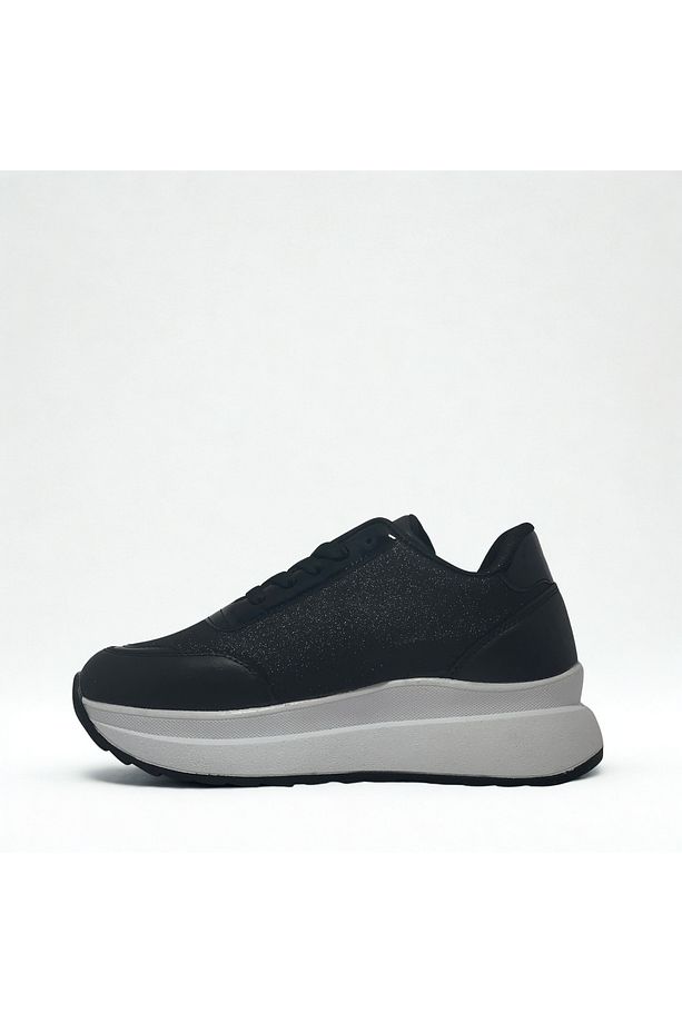 Kadın Siyah Beyaz Simli Bağcıklı Spor Sneaker -Yüksek Hafif Taban - 6