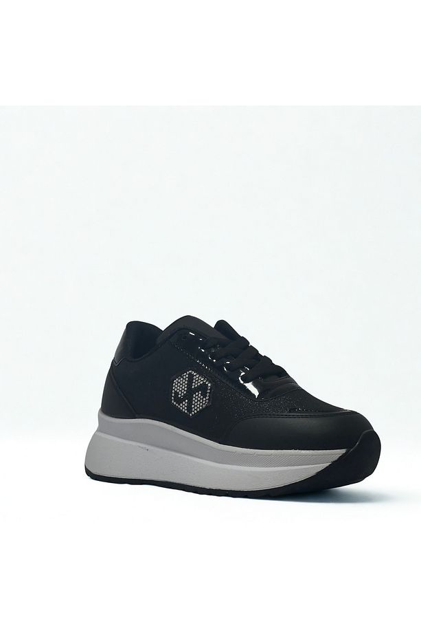 Kadın Siyah Beyaz Simli Bağcıklı Spor Sneaker -Yüksek Hafif Taban - 3