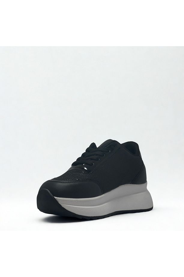 Kadın Siyah Beyaz Simli Bağcıklı Spor Sneaker -Yüksek Hafif Taban - 5