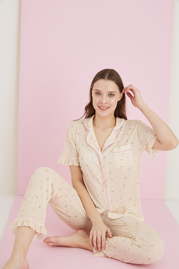 Raporlu Viskon Düğmeli Pijama Takım - 1