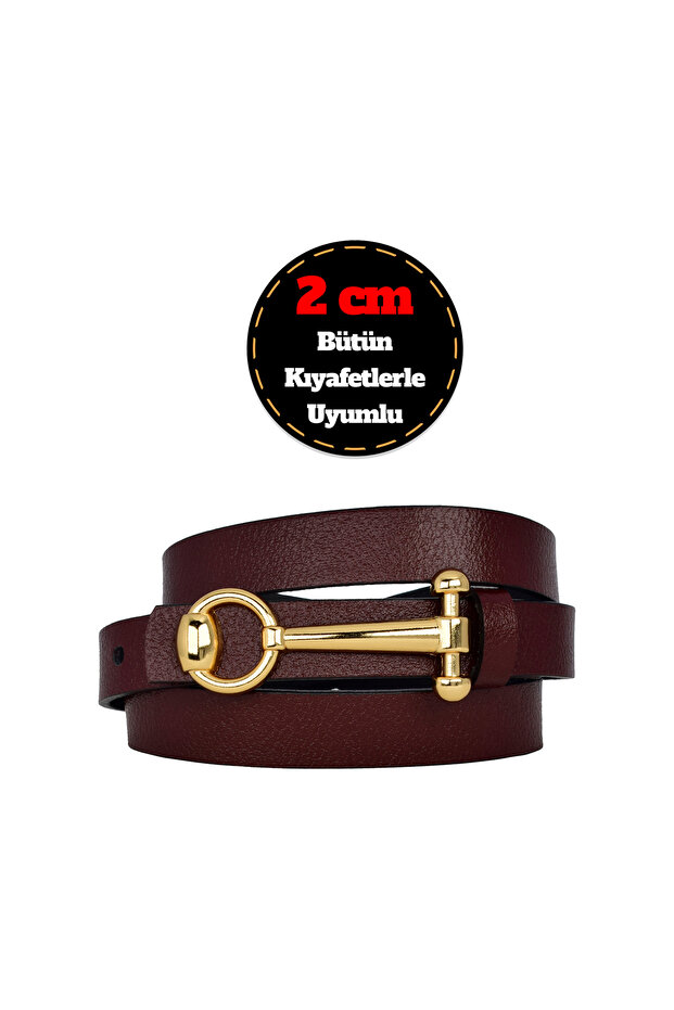 100% Genuine Leather, Thin 2 cm Claret Red Women's Belt with Gold Color Buckle; Dress, Pants Belt_Anhtr