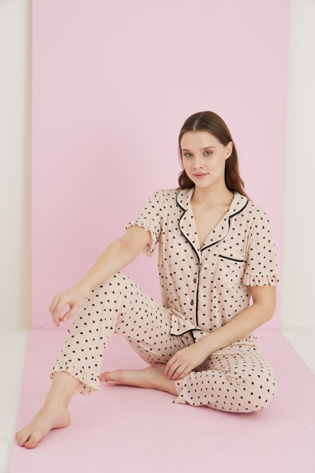 Raporlu Viskon Düğmeli Pijama Takım - 1