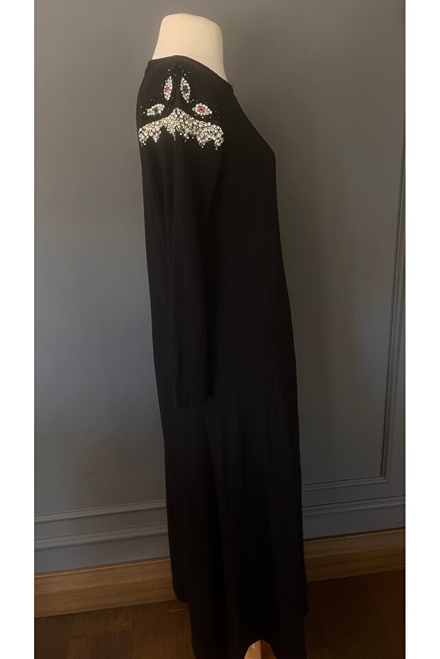 Taş İşlemeli Siyah Tasarım Maksi Elbise - 8
