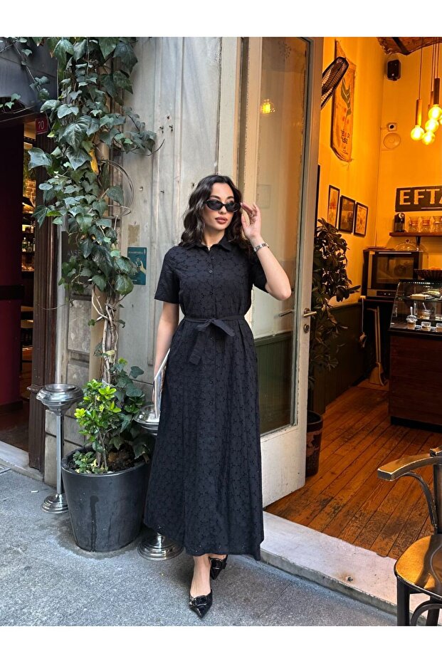 İTHAL PAMUK FİSTO ÇİÇEK DESENLİ CEP VE KEMER DETAYLI ASTARLI ELBİSE - 5