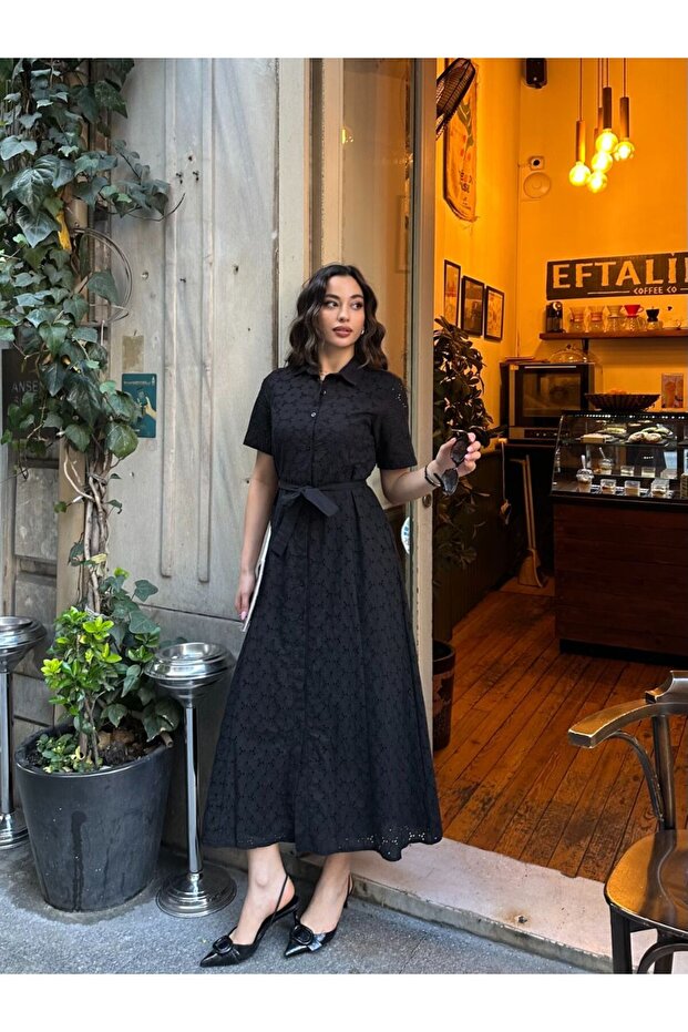 İTHAL PAMUK FİSTO ÇİÇEK DESENLİ CEP VE KEMER DETAYLI ASTARLI ELBİSE - 6