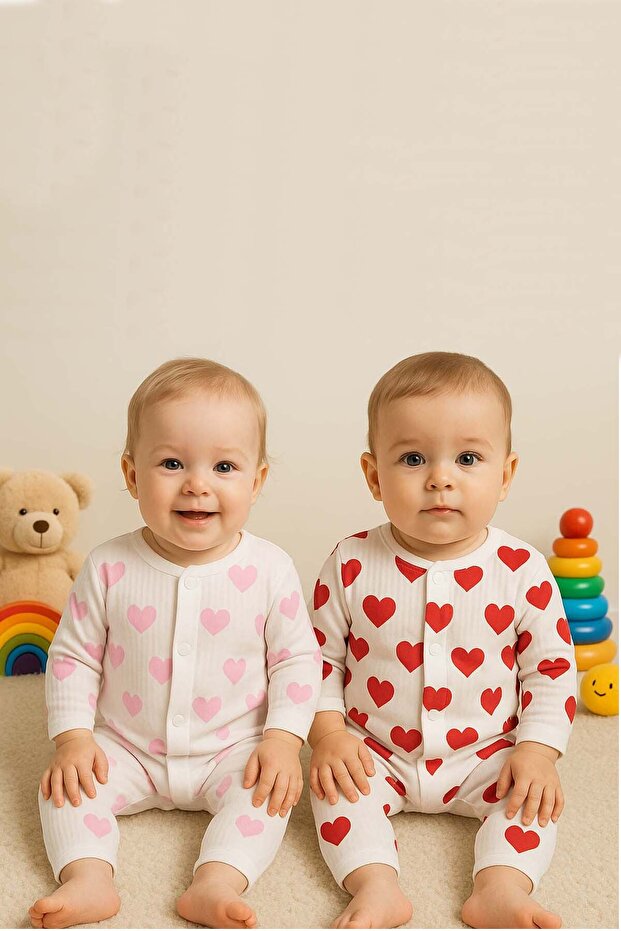 Baby Cotton 100% Cotton Unisex Heart Patterned Jumpsuit Set of 2