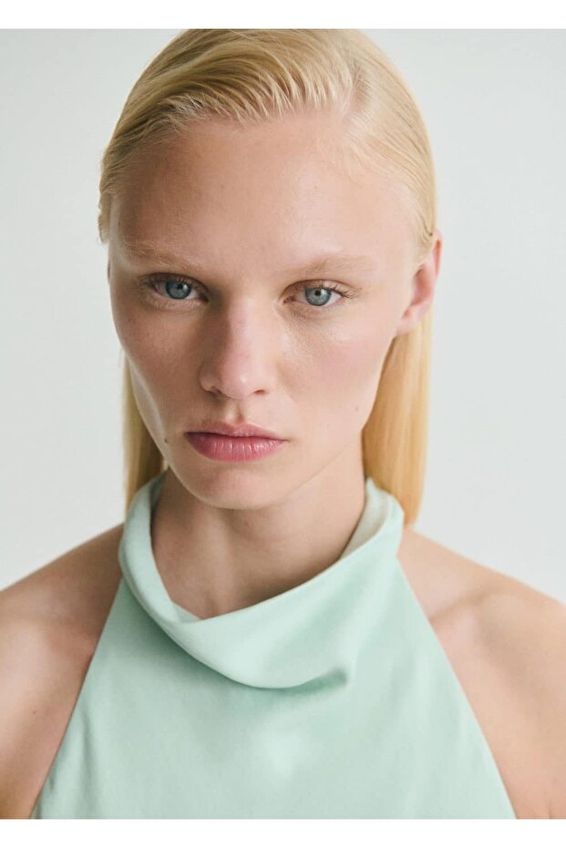 Halter yaka saten elbise - 5