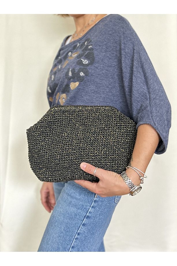 İris Kadın Burslu Astarlı Simli Kağıt İp Çanta , Hasır Örgü Clutch, El Çantası, Portföy - 2