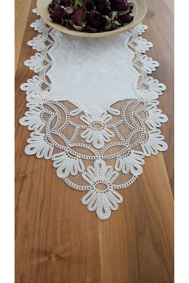 Lüks Fransız Dantelli Kadife Runner - 6