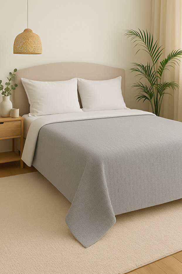 Dama Desen Pamuklu Çift Kişilik Pike Ve Yatak Örtüsü -gri - 1