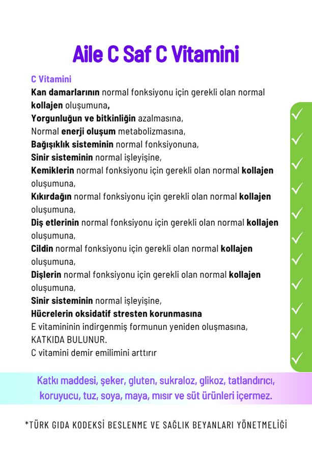 Aile C Saf 1000 mg C Vitamini Katkısız 120 Adet Saşe Yetişkin Çocuk Aile Ava Vitamin - 4