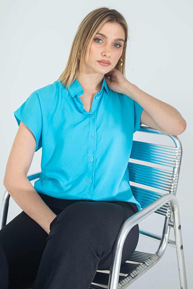 Women's Bat Sleeve Turquoise Viscose Shirt