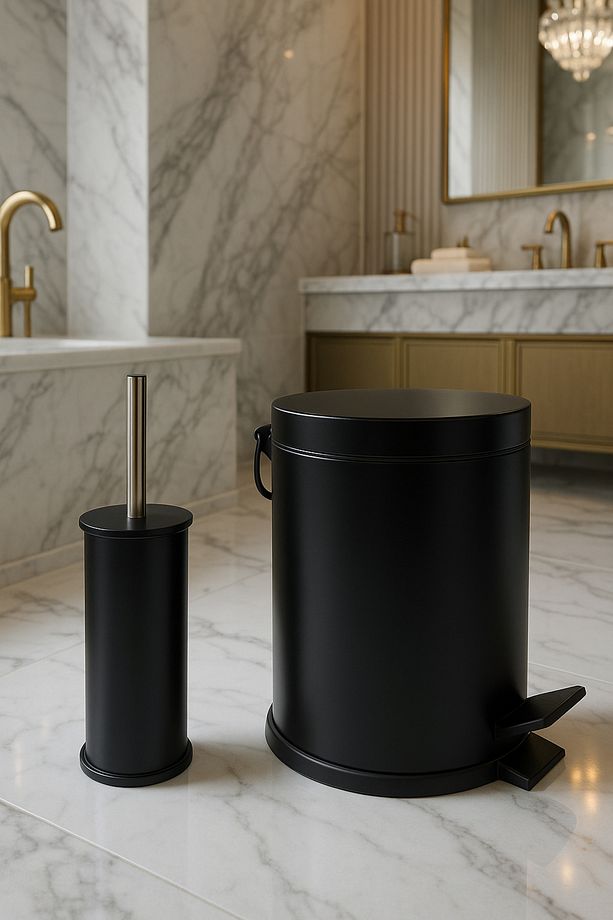 Siyah Çelik Metal 3 Litre Pedallı Çöp Kovası Ve Wc Fırçası Seti Banyo Seti - 1
