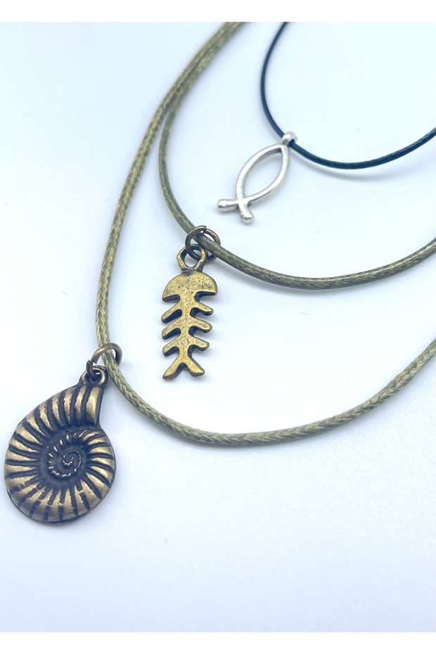 Minimal Bohem Tarz Suni Deri Balık Kılçık Salyangoz Figürlü Erkek İp Kolye Seti ( 3 Adet) - 2