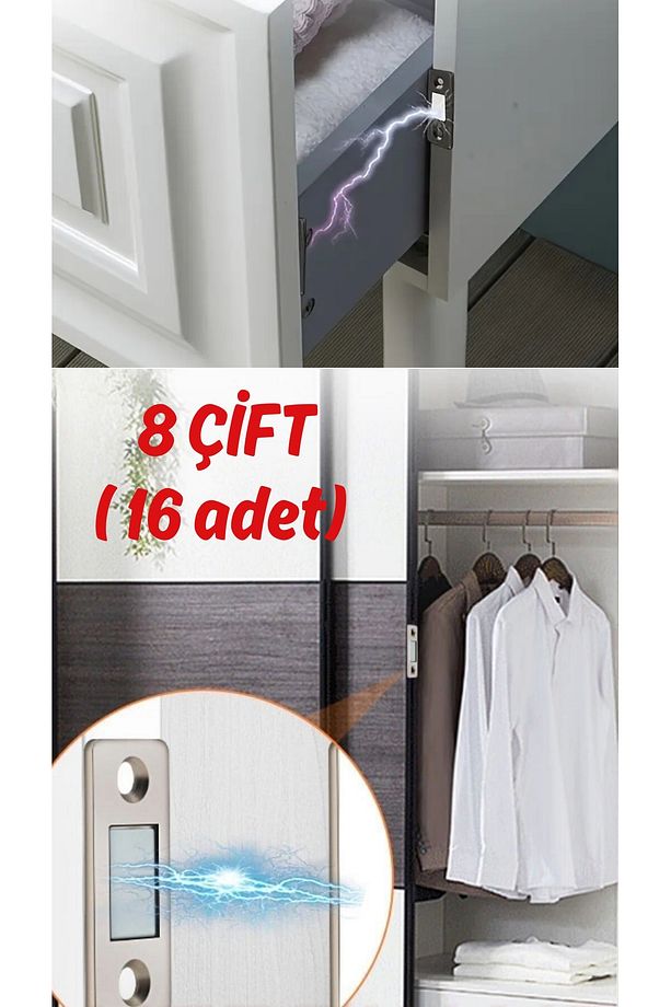 8 Adet Mıknatıslı Dolap Kapak Tutucu Sürgülü Dolap Çekmece Mobilya Durdurucu Kapatıcı Mıknatıs 8 Ad. - 1
