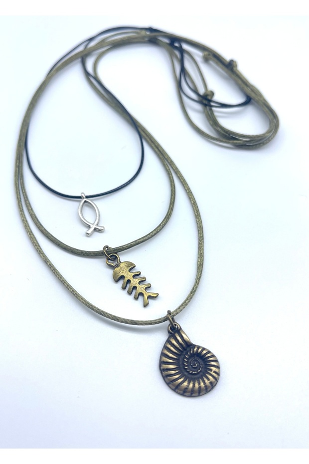 Minimal Bohem Tarz Suni Deri Balık Kılçık Salyangoz Figürlü Erkek İp Kolye Seti ( 3 Adet) - 3