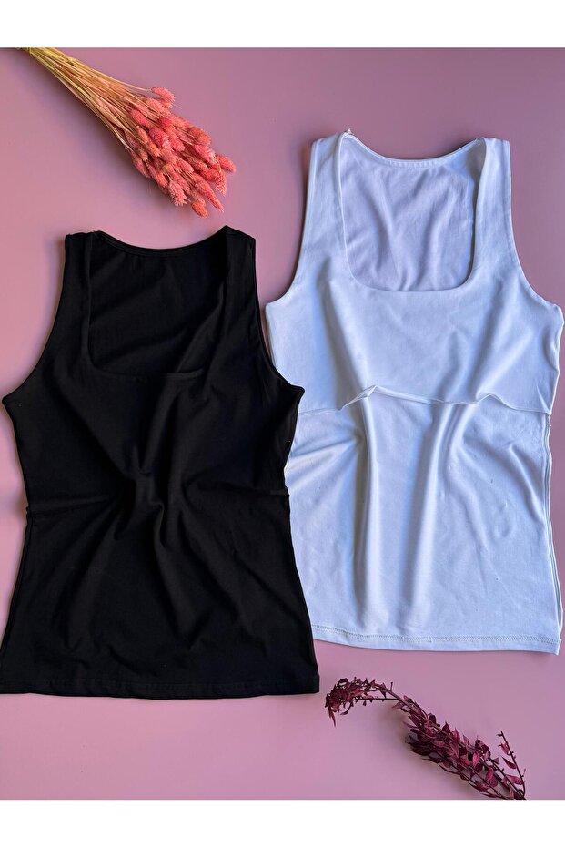 Square Collar, 2 Pcs Black and White | Women's Athlete-Body-Blouse with Lining over the Chest, Thin, Lightweight