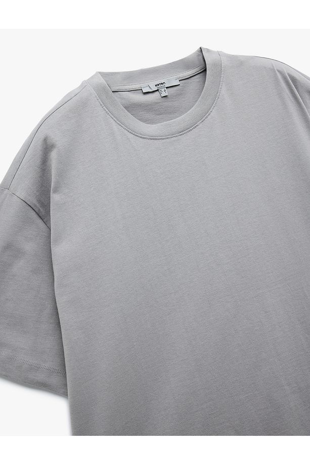 Kısa Kollu Pamuklu Bisiklet Yaka Basic Oversize Tişört - 5