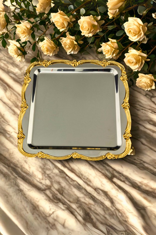 Single Stainless Steel Coffee Presentation Tray with Rose Figure – Gold Detailed, Non-Tarnishing Elegance