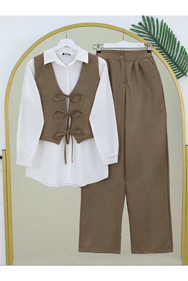 Vest Lace-Up Wide Leg Pants Double Linen Suit - Brown