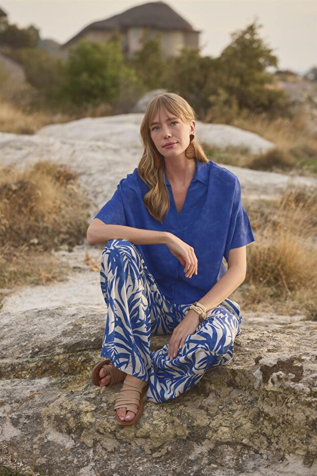 طقم علوي وقميص بطبعة أوراق الشجر وأزرار أمامية وياقة قميص - 8