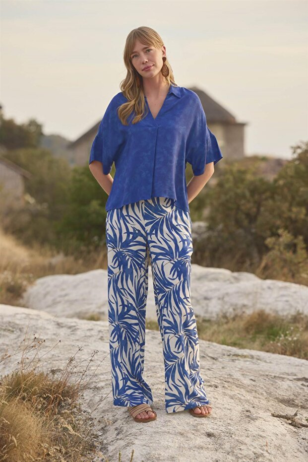 طقم علوي وقميص بطبعة أوراق الشجر وأزرار أمامية وياقة قميص - 5