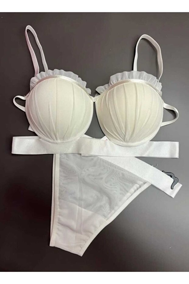 Midye Model Satin Striped Padded Bra and Panty Set Red Bralette and Panty Set - Ecru Color